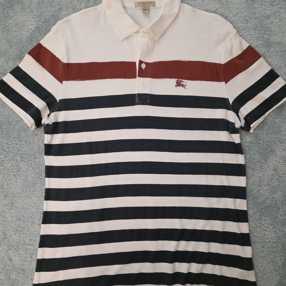 Burberry Brit Striped Polo Shirt White Maroon Navy sz L